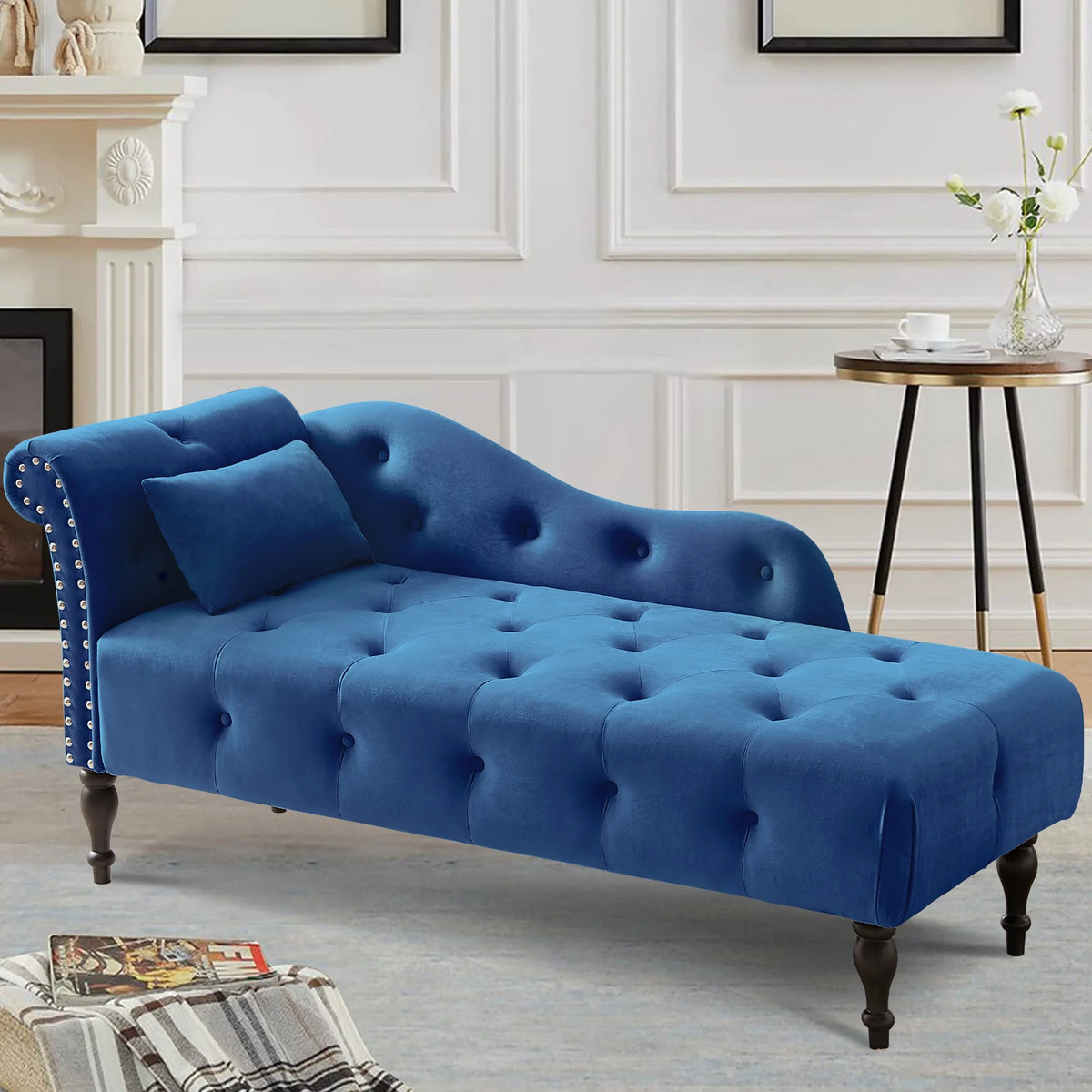 Blue Upholstered Chaise with Accent Pillow S3259
