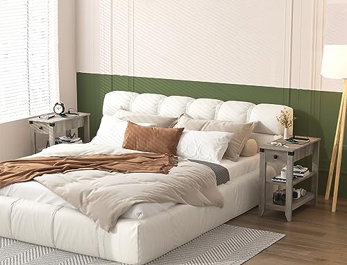 Set of 2 Narrow Side Table with Charging Station and Storage Drawer Rustic Grey F64988