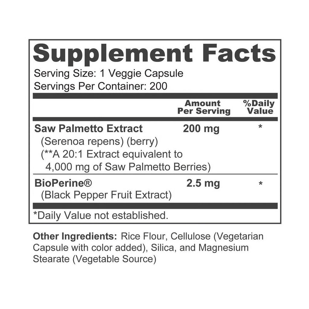 Saw Palmetto Extract 200 Capsules Gluten-Free Dietary Supplement O90100