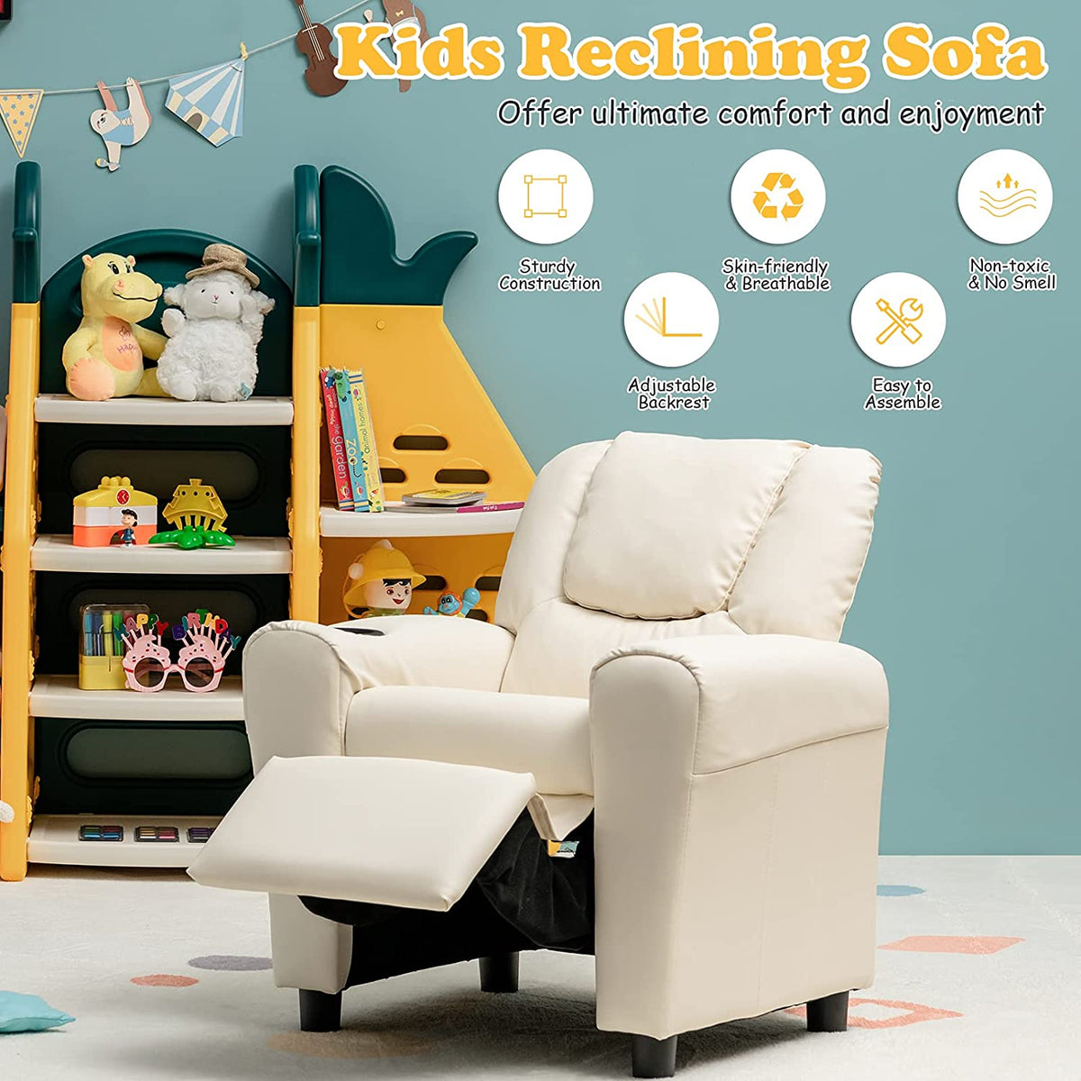 Beige PU Leather Toddler Armrest Sofa Recliner S21851