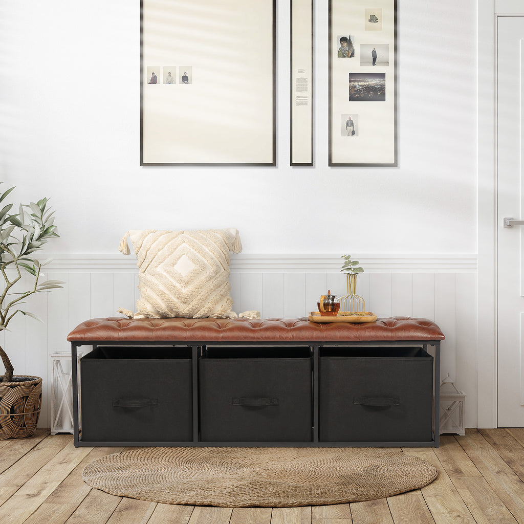 Brown Button Tufted Faux Leather Storage Bench C2204