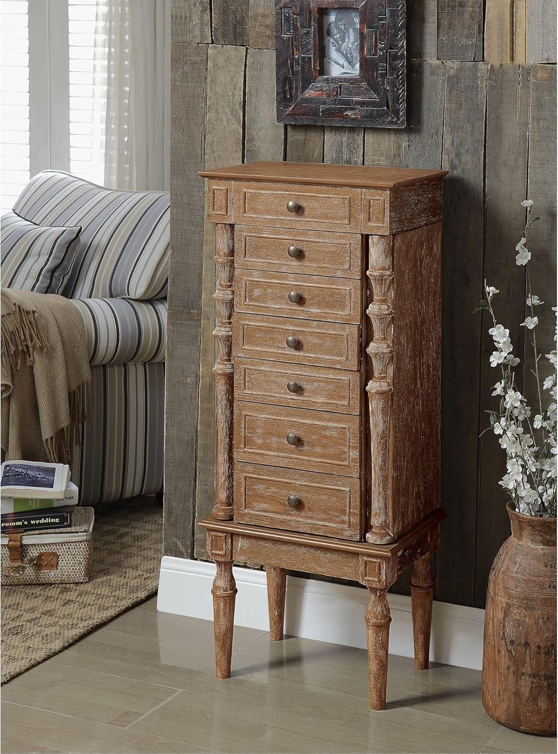 Weathered Oak Jewelry Armoire with Mirror Lid, 6 Drawers, Side Doors K458774