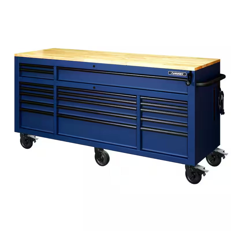 72 in. Heavy Duty Matte Blue Mobile Workbench Cabinet with Solid Wood Top E387058