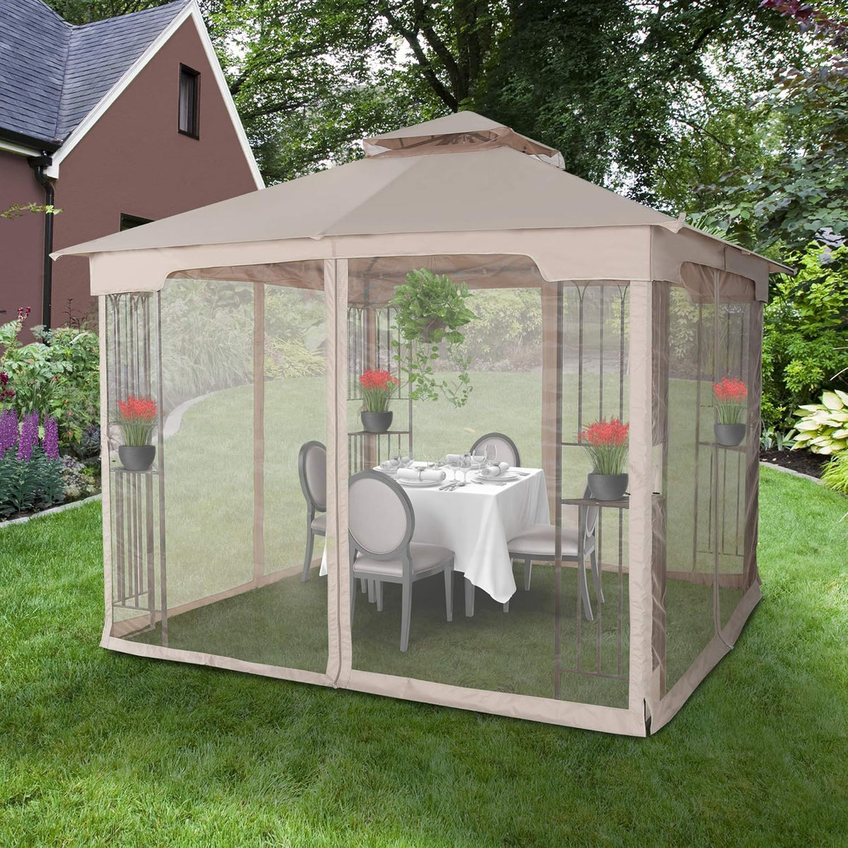 10x10 Outdoor Gazebo with Mosquito Netting Metal Frame Khaki C6646
