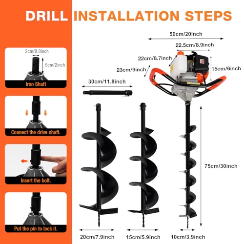 52cc 1700W Gas Powered Auger Post Hole Digger with 3 Drill Bits Y85339