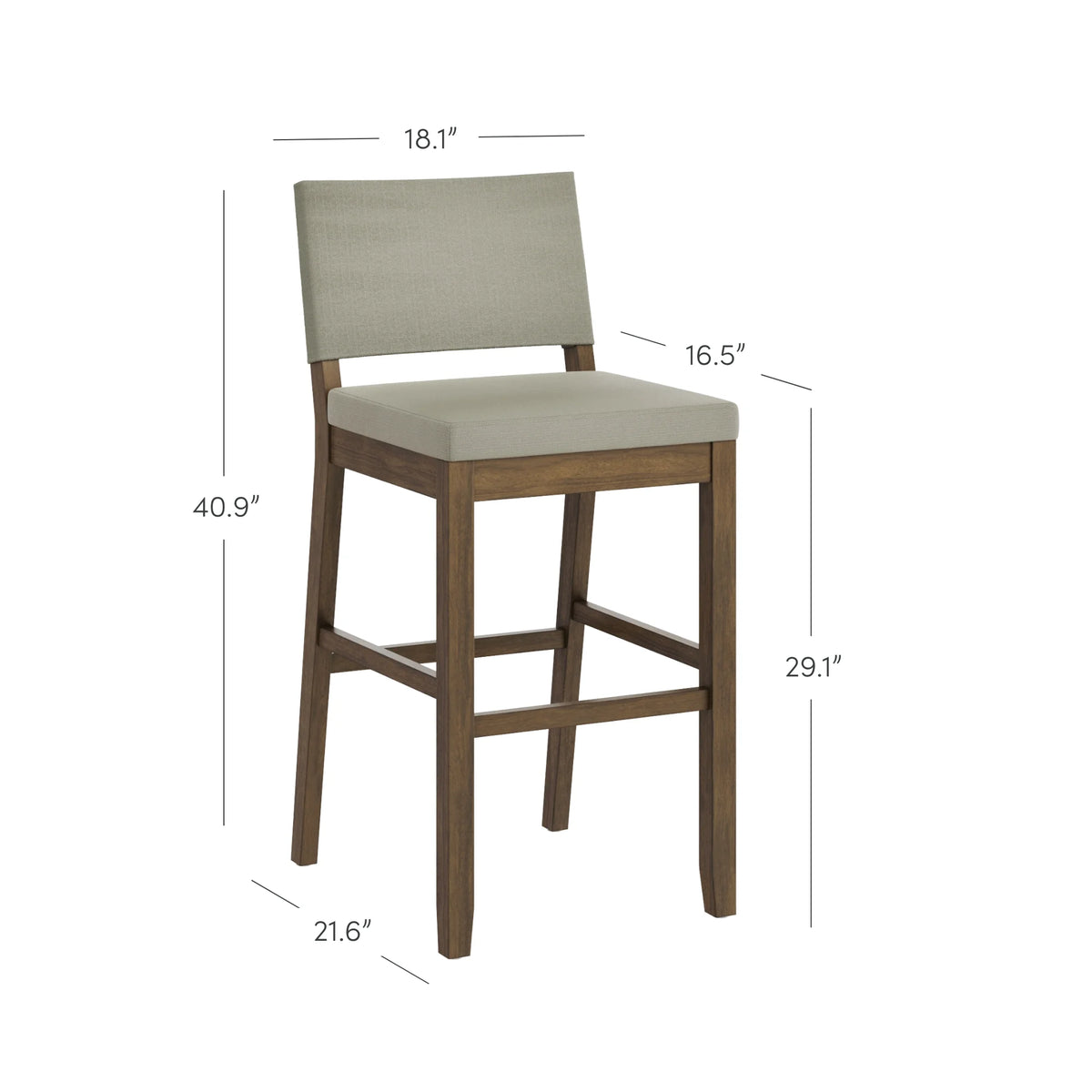 Light Gray Upholstered Bar Stool with Back and Solid Rubberwood Legs F3204