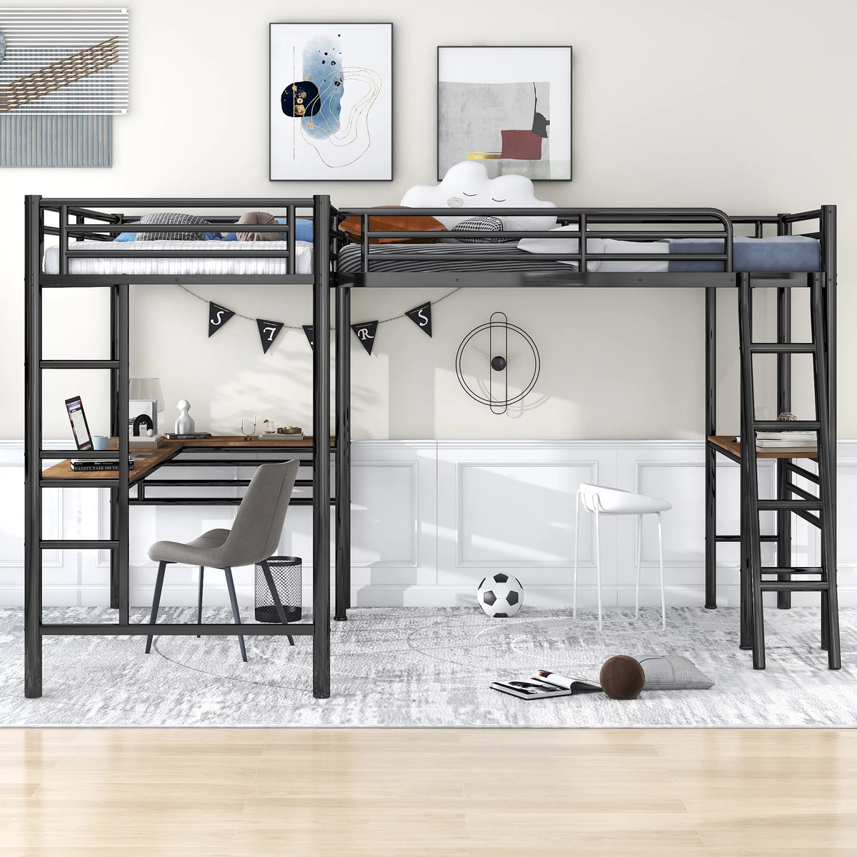 Twin Metal Loft Bed with Desk and Ladders R782