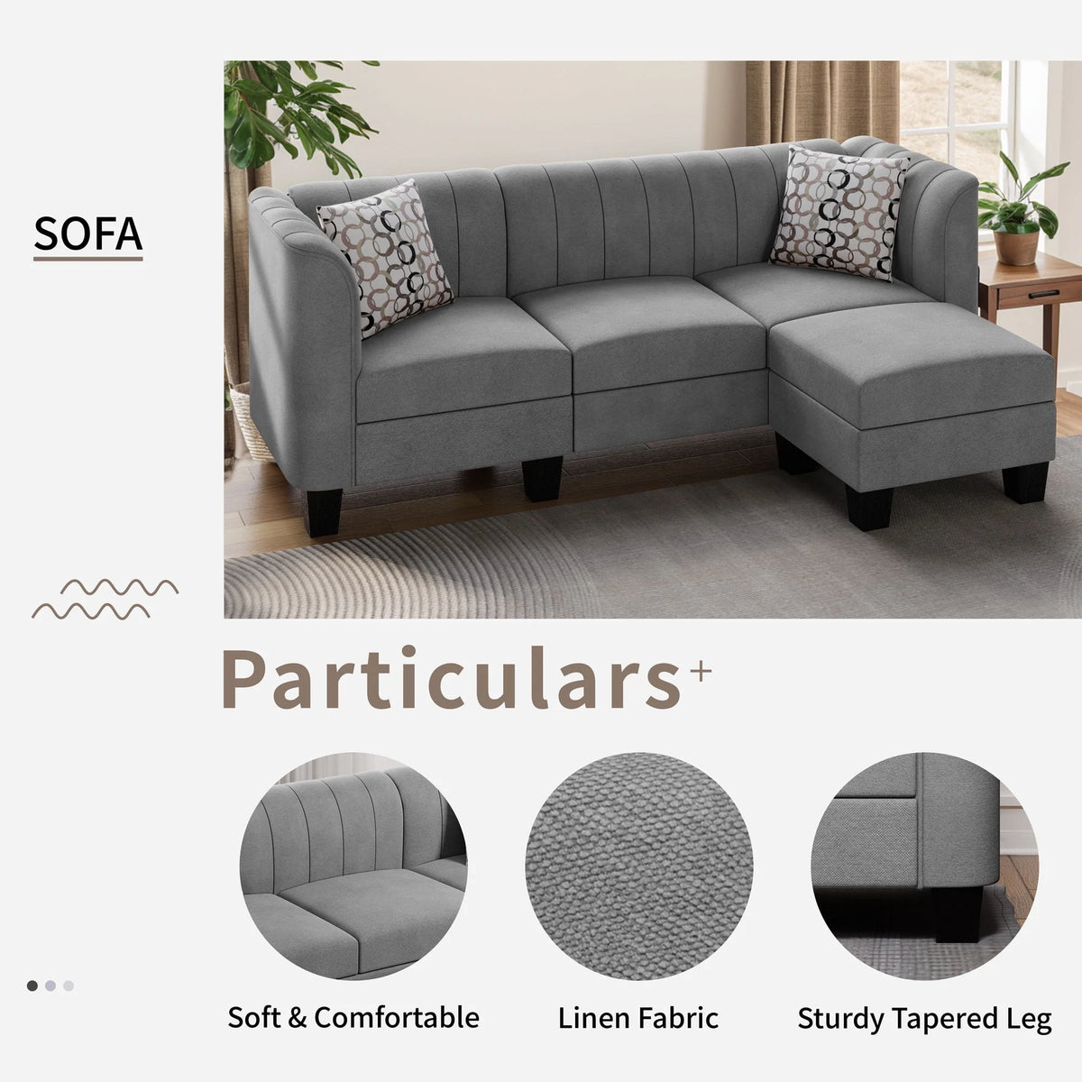 Black L Shaped Linen Fabric Sectional Sofa N8312