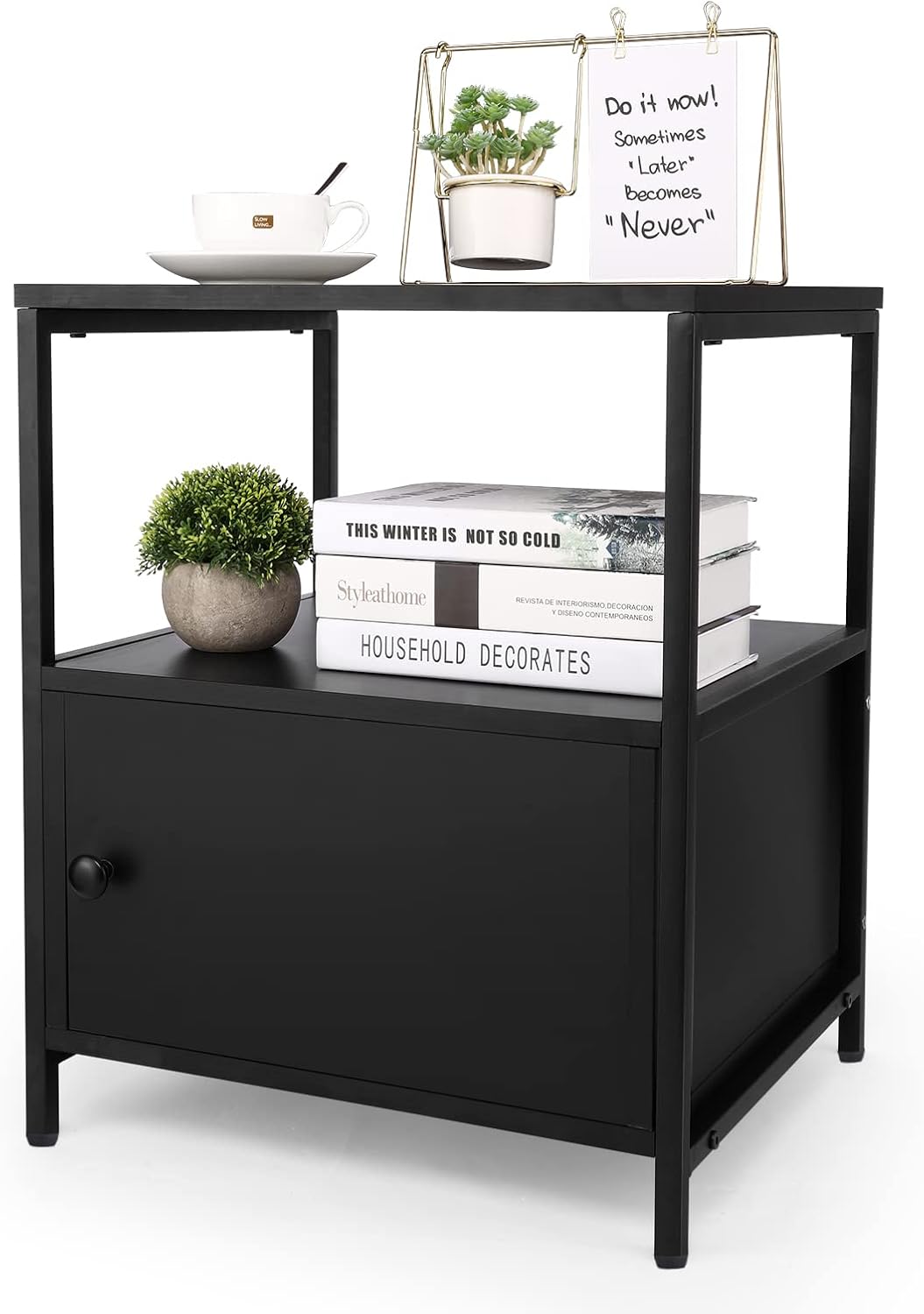 White Wooden 3-Tier Side Table with Storage Cabinet and Open Shelf Z974976