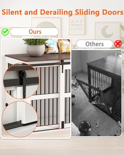 84.5" Double Medium Dog Crate Furniture with Drawer and Cabinet, Barn Sliding Doors, Rotatable Dog Bowls Feeder K714051