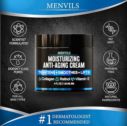 Mens Face Moisturizer Cream with Collagen, Retinol, Vitamins E, Jojoba Oil, 4 oz M9740