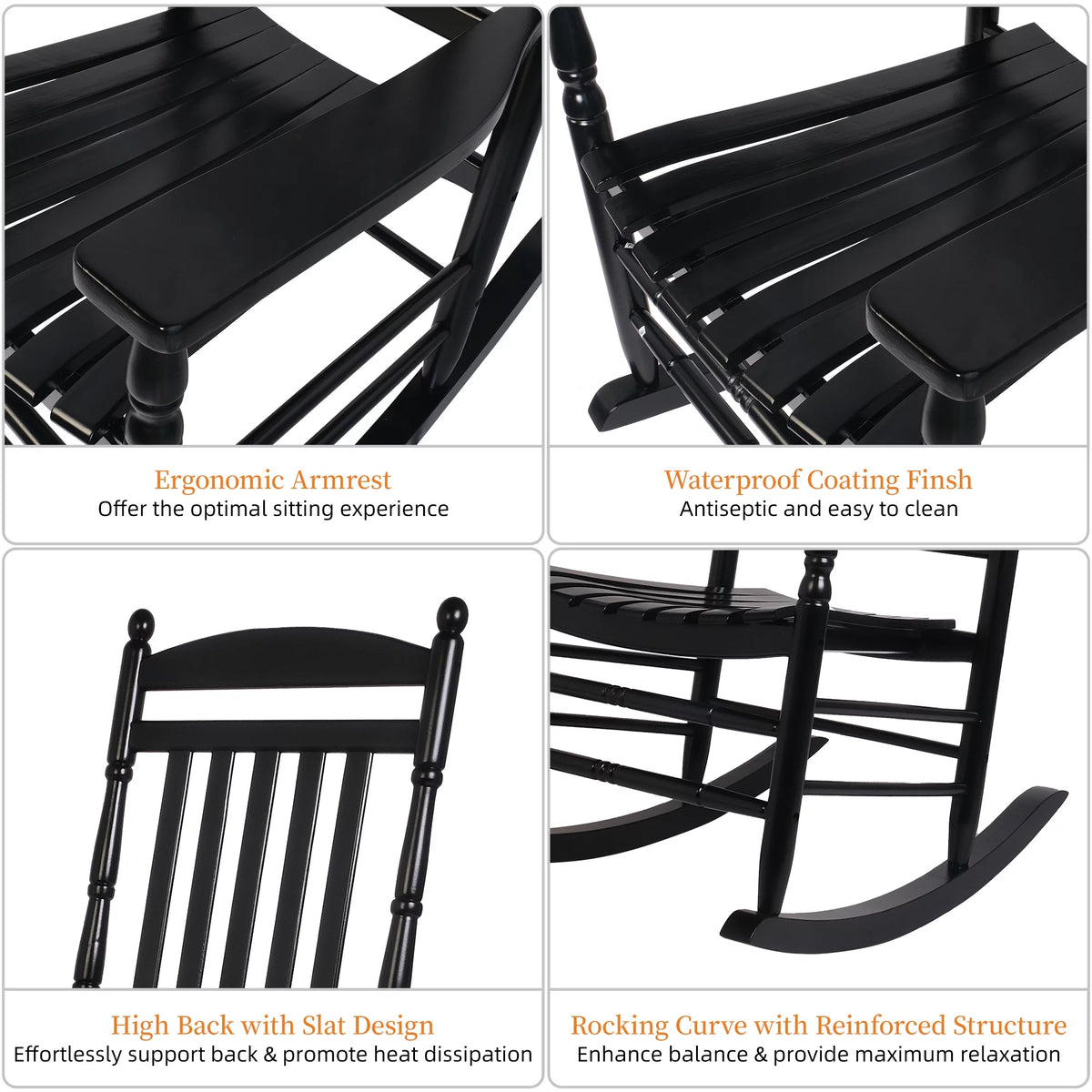 Set of 2 Oversized Black Wood Outdoor Rocking Chairs N35953