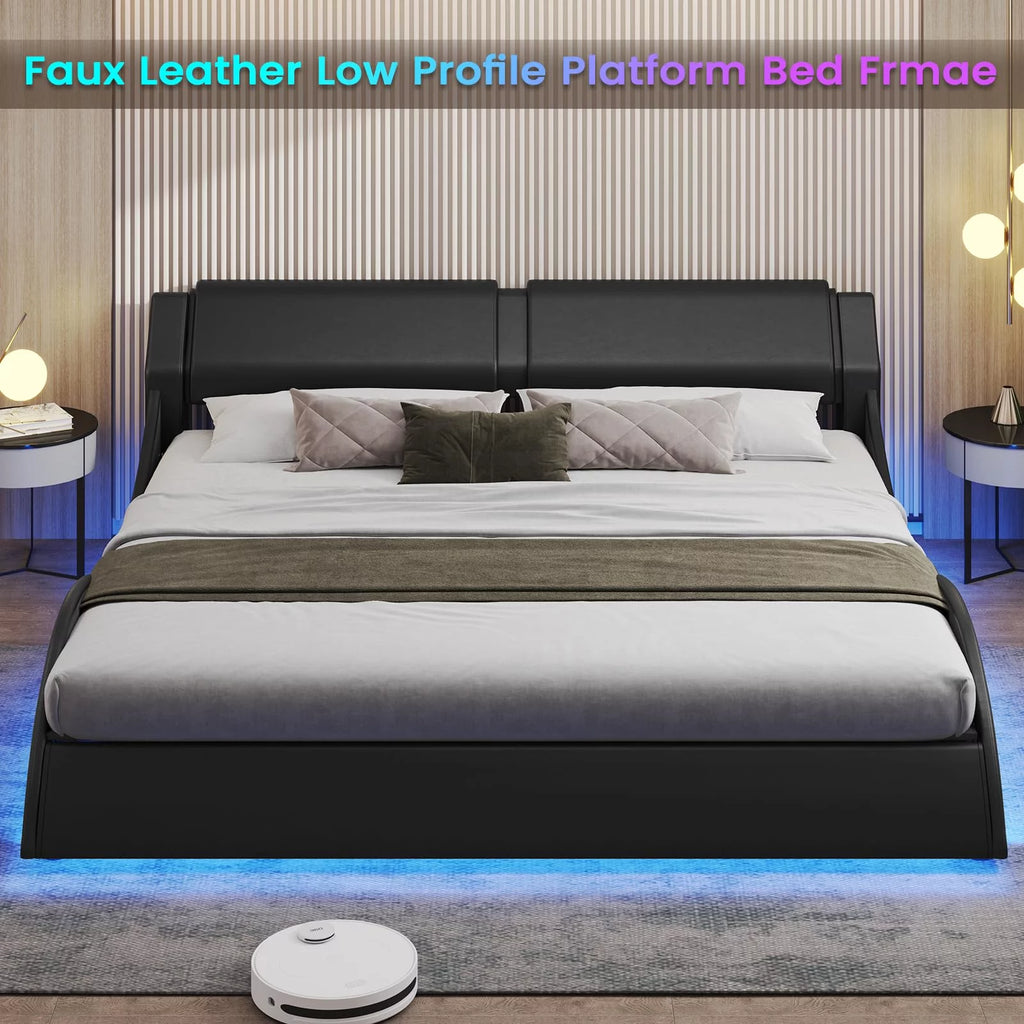 King Size Faux Leather Platform Bed Frame with Headboard and LED Lights M70667