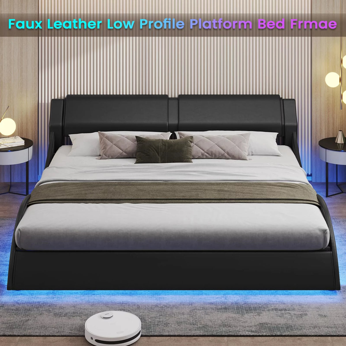 King Size Faux Leather Platform Bed Frame with Headboard and LED Lights M70667
