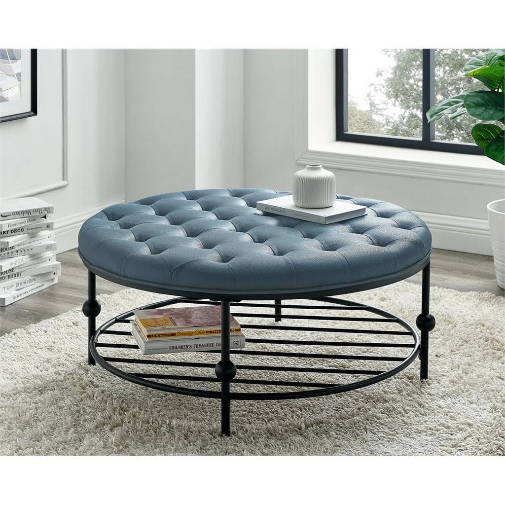 Blue Faux Leather Tufted Cocktail Ottoman N979070