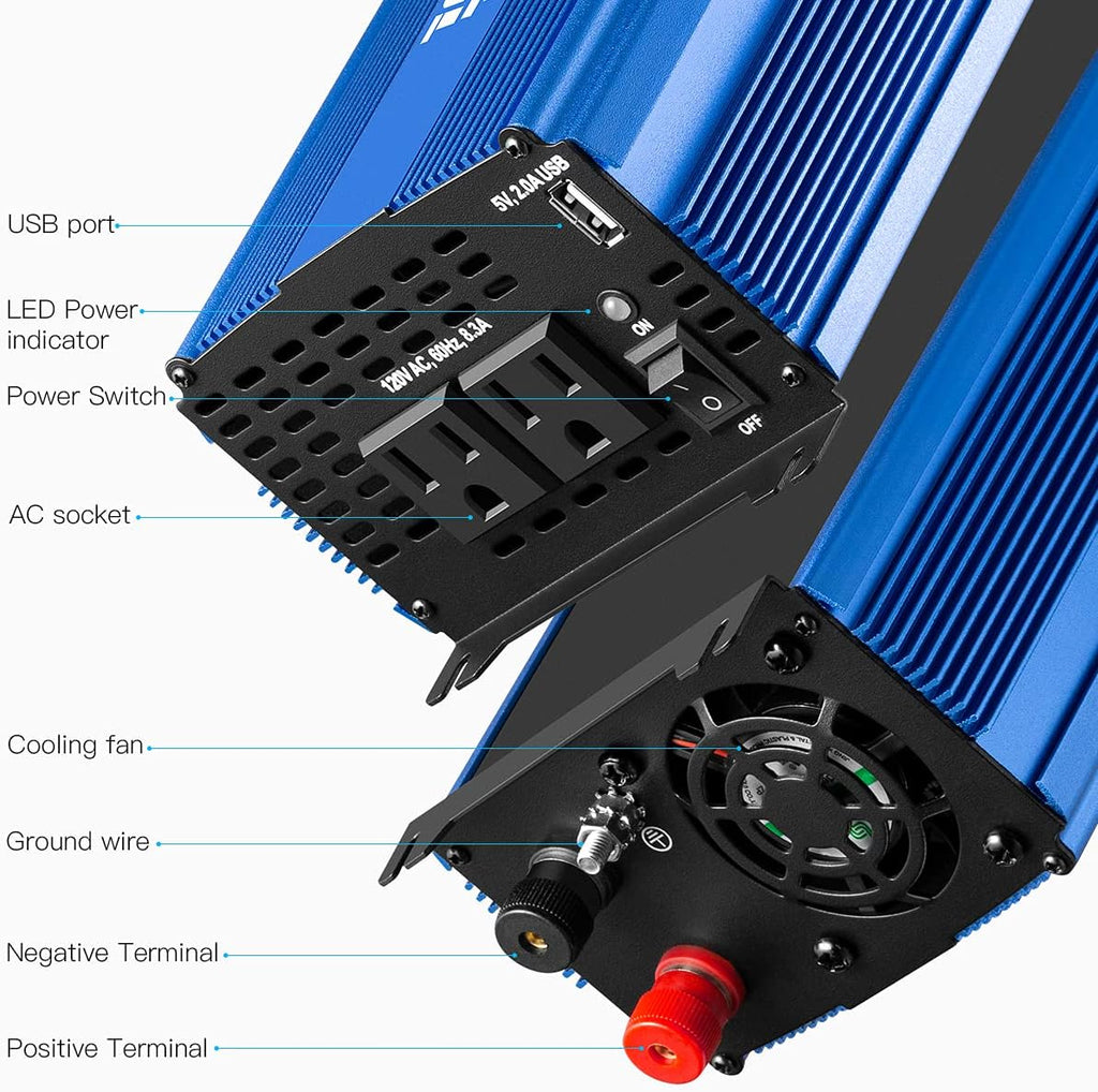 1500W Pure Sine Wave Power Inverter 12V DC to 110V AC Car Inverter with Bluetooth 2AC Outlets USB Port T9121