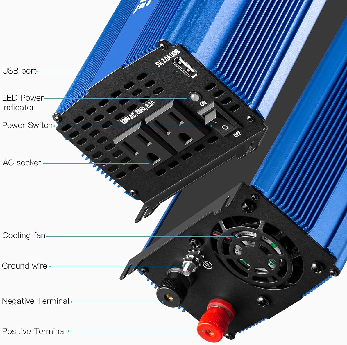 1500W Pure Sine Wave Power Inverter 12V DC to 110V AC Car Inverter with Bluetooth 2AC Outlets USB Port T9121