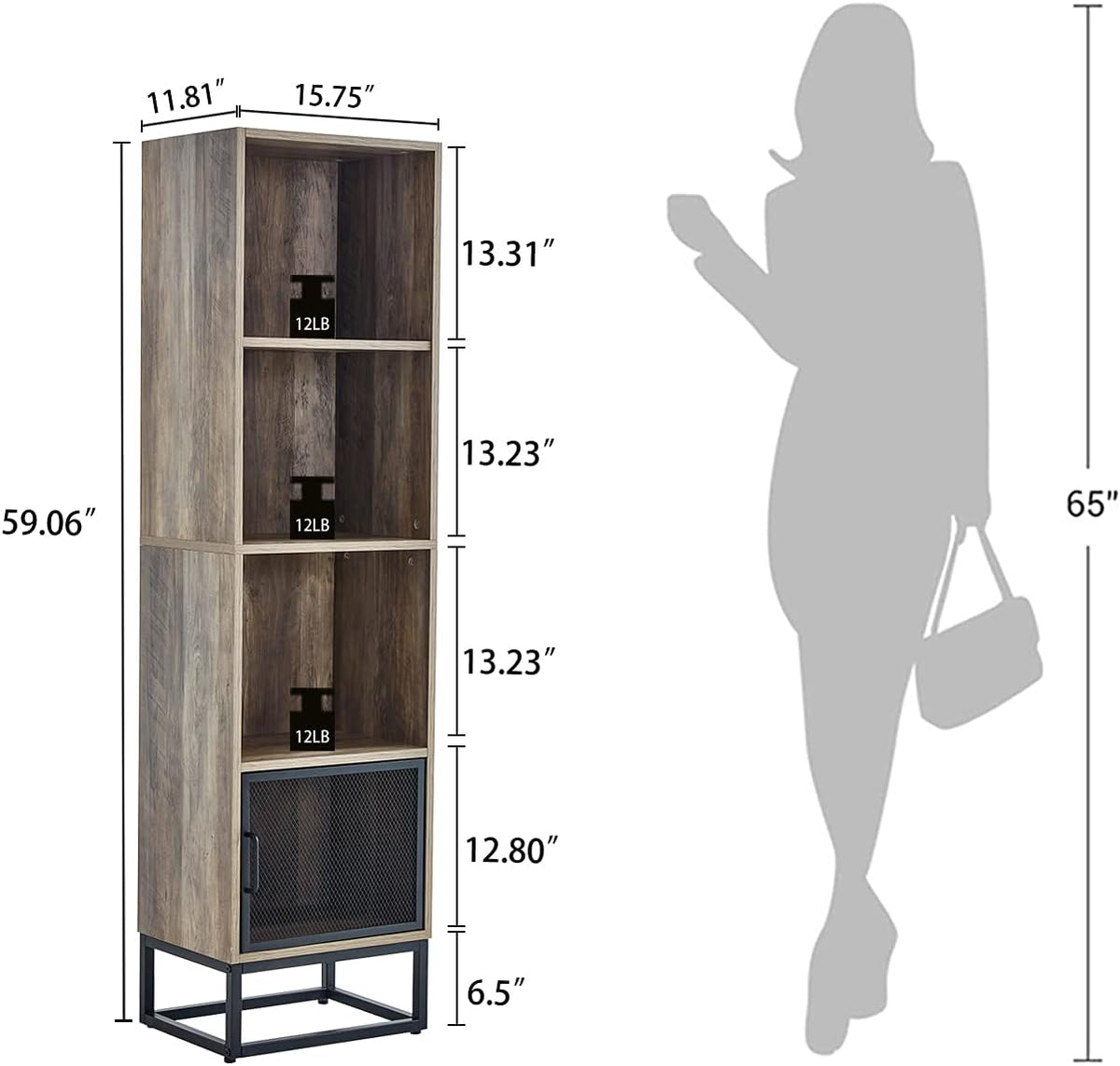 Grey 4-Tier Wood Bookcase with 4 Display Cases N812014