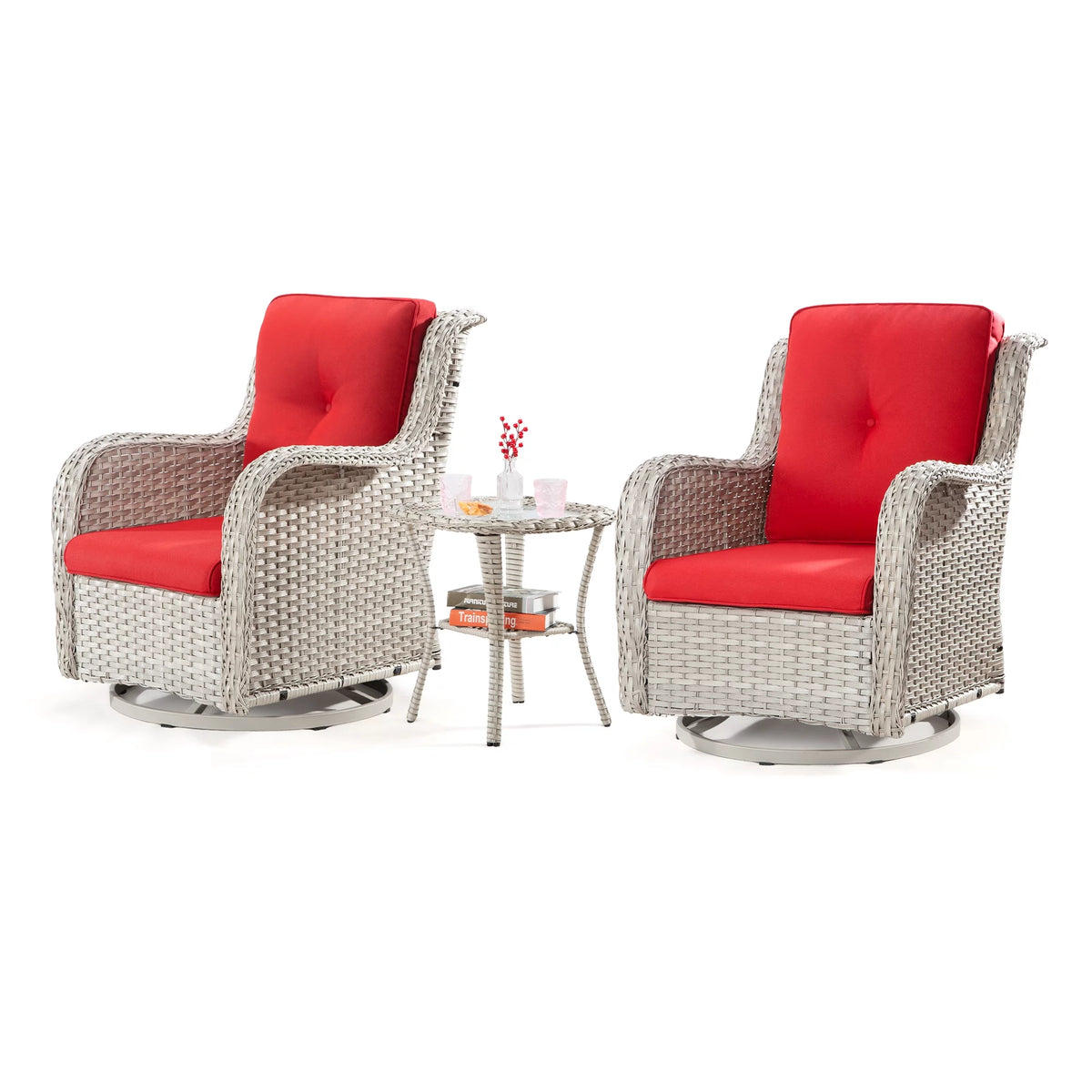 Outdoor Swivel Rocker Wicker Patio Chairs Set of 2 with Table, Blue J633778