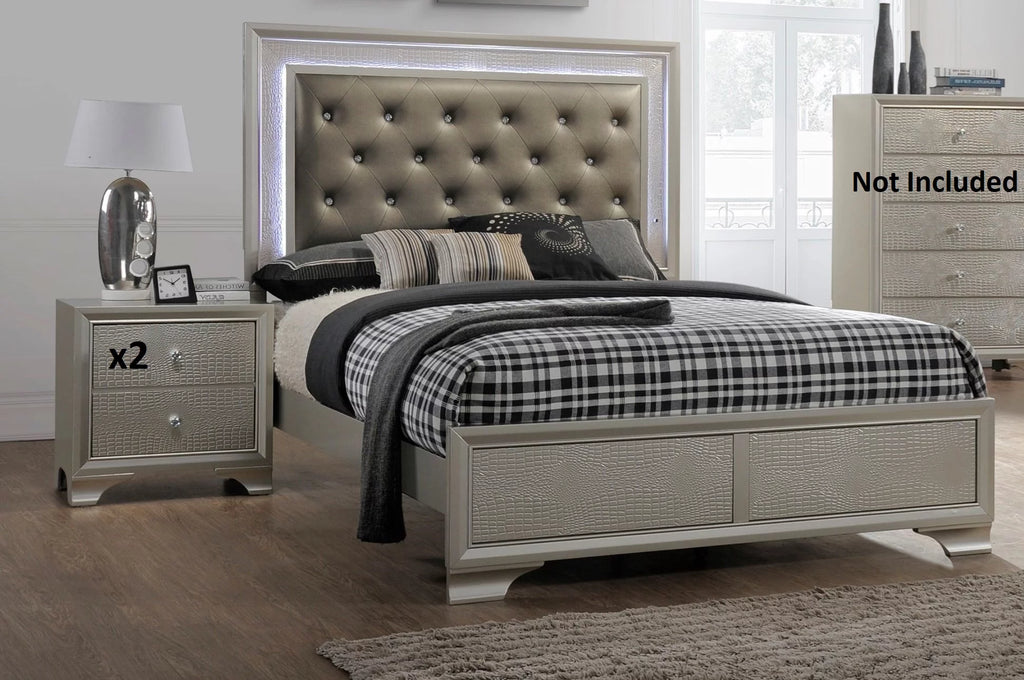 Champagne 3pc Full Size LED Bed and Storage Nightstand Wooden Bedroom Furniture Set G6966