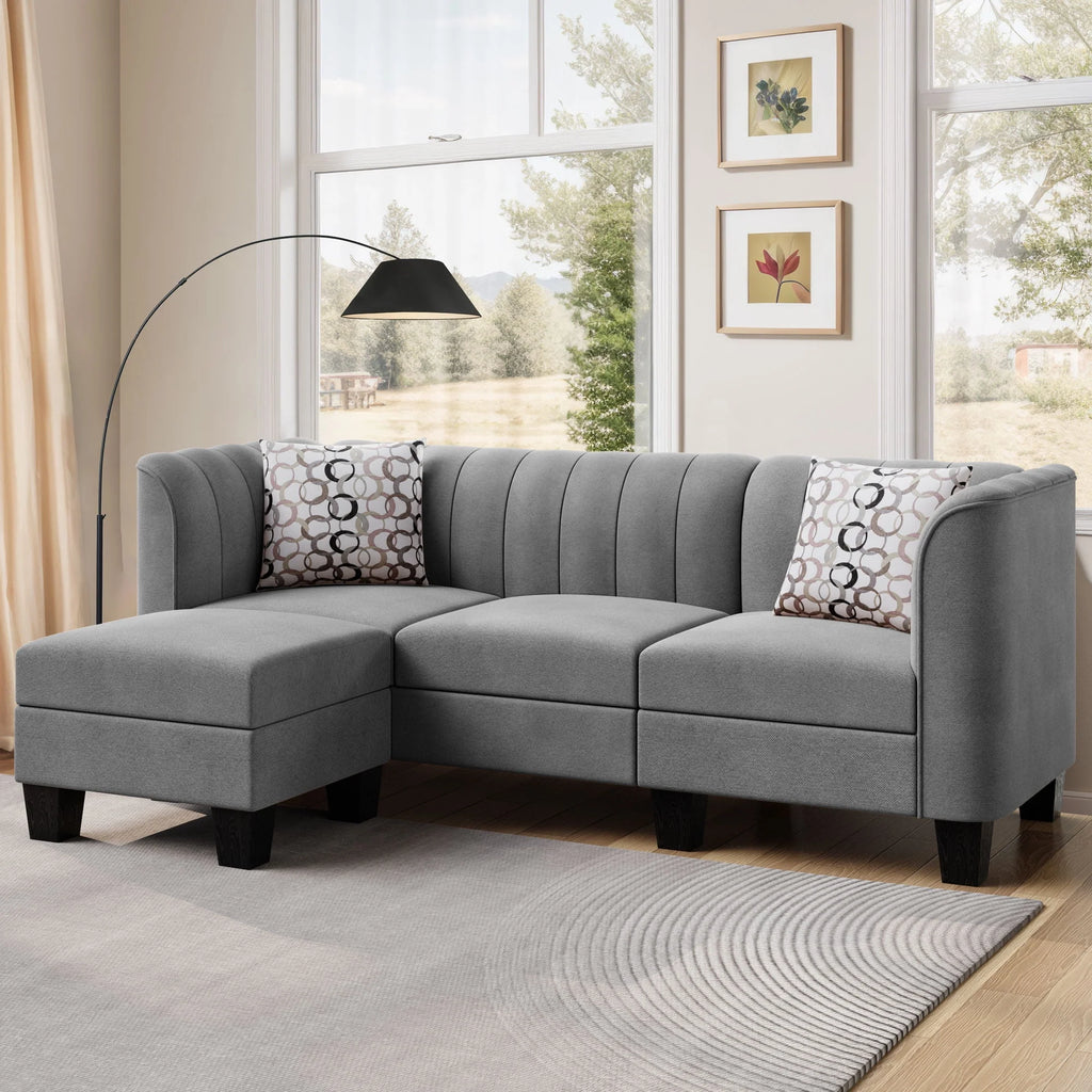 Black L Shaped Linen Fabric Sectional Sofa N8312