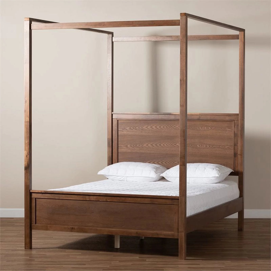 Queen Size Walnut Finished Wood Canopy Bed S217