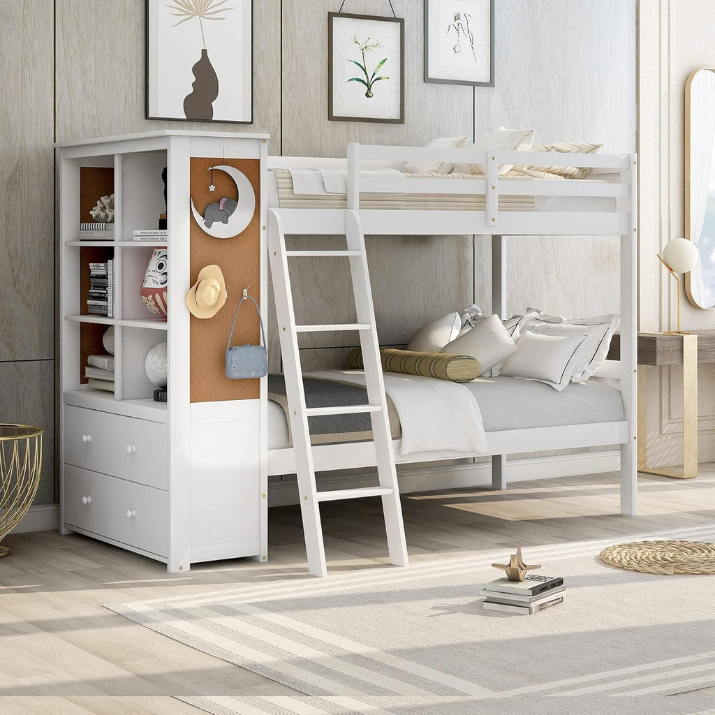 Twin Over Twin Bunk Bed with 6 Open Compartments and 2 Large Drawers X656