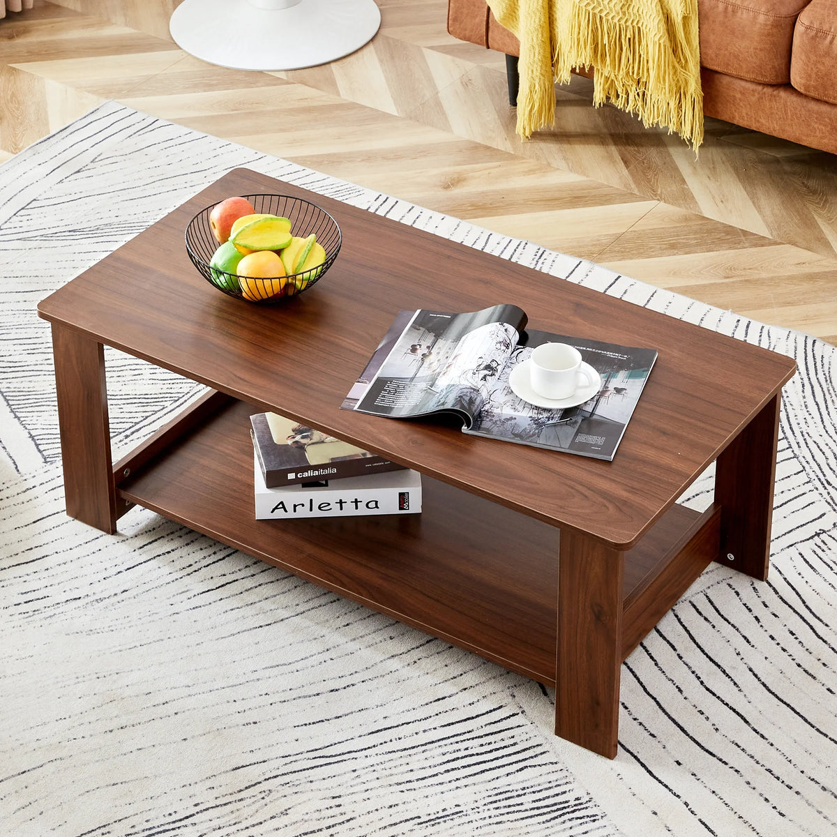 Walnut Textured Double Layered MDF Coffee Table 43.3" x 21.6" x 16.5" U82978