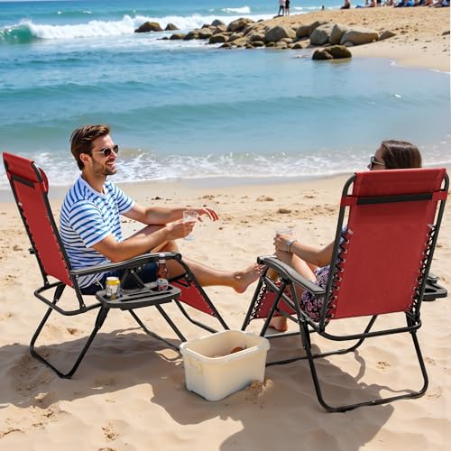 Zero Gravity Chairs Set of 2 Adjustable Steel Mesh Recliners with Cup Holder Tray and Pillow C8975