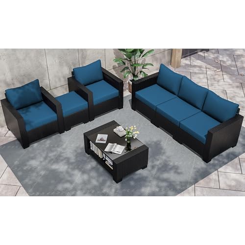7 Pieces Patio Furniture Set with Cushions and Glass Coffee Table E569233