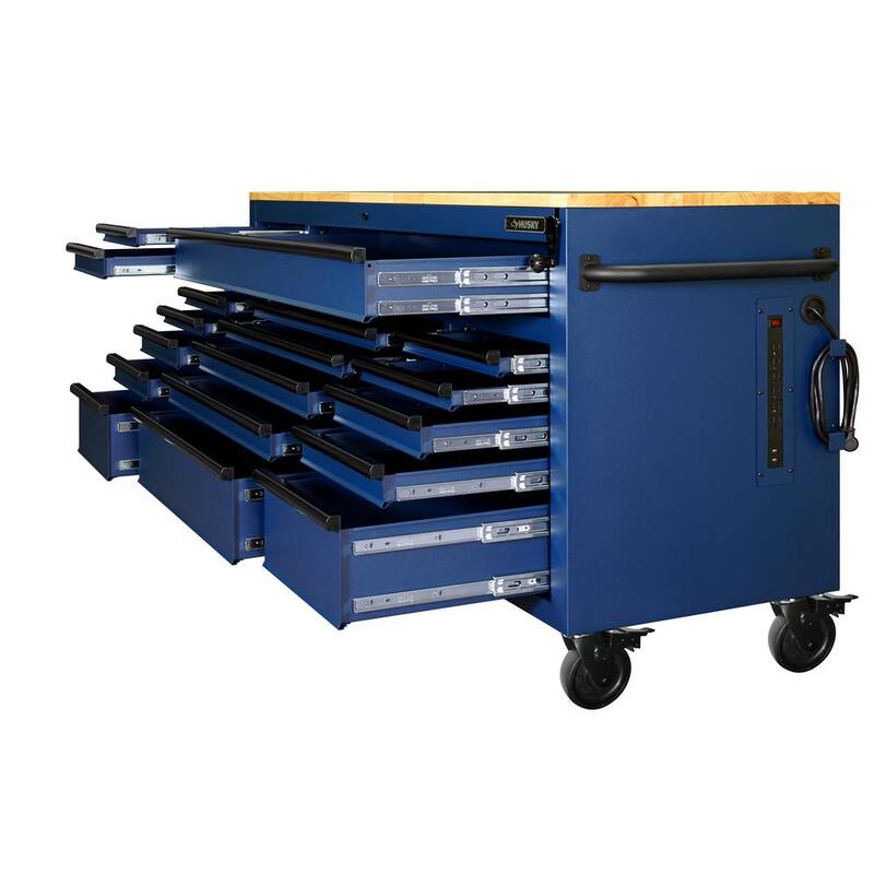 72 in. Heavy Duty Matte Blue Mobile Workbench Cabinet with Solid Wood Top E387058