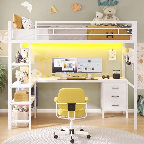 Twin Metal Loft Bed with L-Shaped Desk, LED Lights, Charging Station, Fabric Drawers & Shelves, White S2433