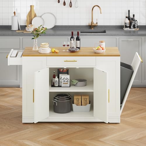 White Oak Rolling Kitchen Island with Trash Can Storage G26977