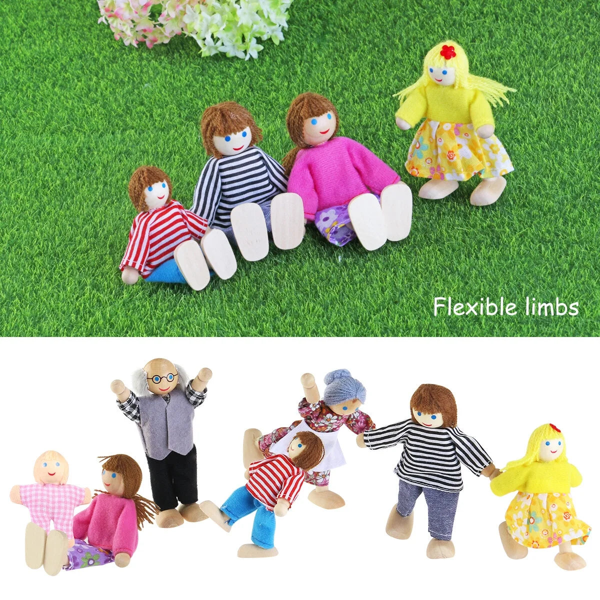 7 Pieces Wooden Dollhouse Family Set Mini People Figures X6485
