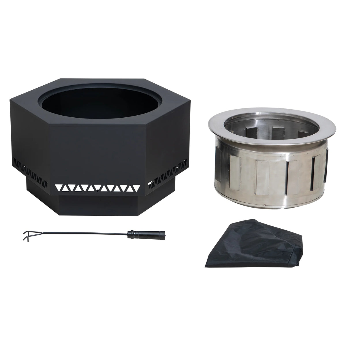 Black Hexagonal Smokeless Fire Pit with PVC Cover and Fire Poker I920684