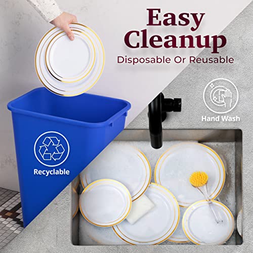 100 White Plastic Plates with Gold Trim, 50 Dinner Plates 10.25" + 50 Salad Plates 7.5" K7244