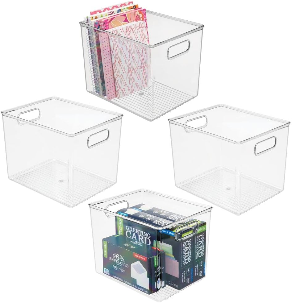 White 4 Pack Stackable Plastic Storage Organizer Bin Basket with Handle I4099