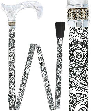 White Pearlz Rhinestone Collar Black Swirl Adjustable Folding Cane C8029