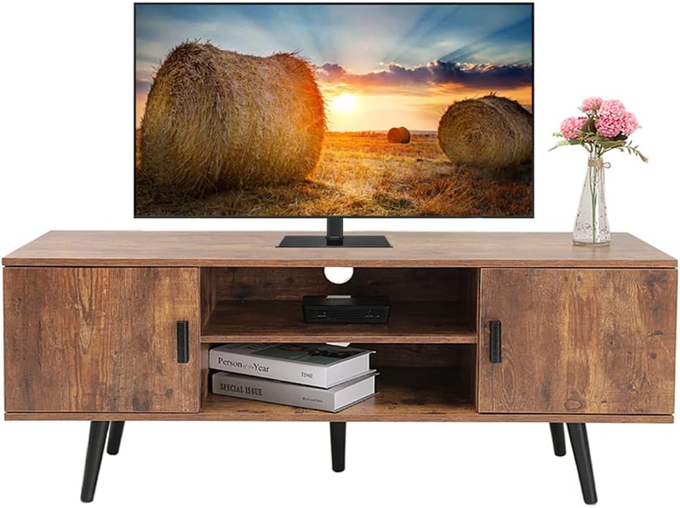 Dark Walnut Retro TV Stand with 2 Cabinet and 2 Shelves J543