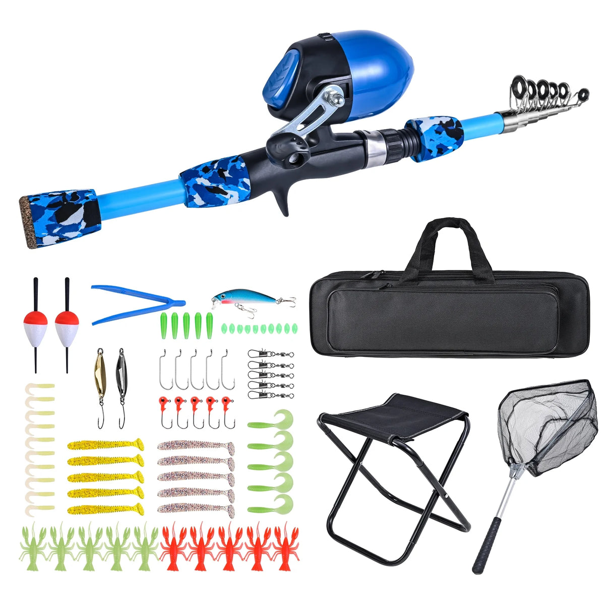 Kids Fishing Rod and Reel Combo with Collapsible Fishing Stool, Landing Net, and Tackle Box E517911