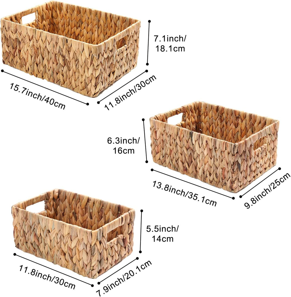 3pcs Handmade Woven Water Hyacinth Storage Baskets Set with Handle S36228
