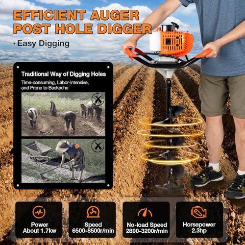 52cc 1700W Gas Powered Auger Post Hole Digger with 3 Drill Bits Y85339