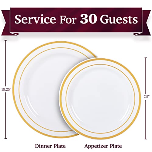 100 White Plastic Plates with Gold Trim, 50 Dinner Plates 10.25" + 50 Salad Plates 7.5" K7244