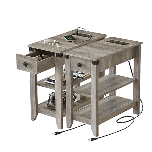 Set of 2 Narrow Side Table with Charging Station and Storage Drawer Rustic Grey F64988
