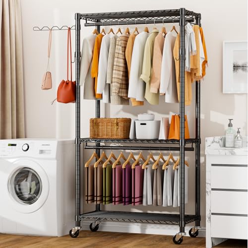 Black Heavy Duty Metal Freestanding Clothing Rack with Shelves & Wheels Y512236