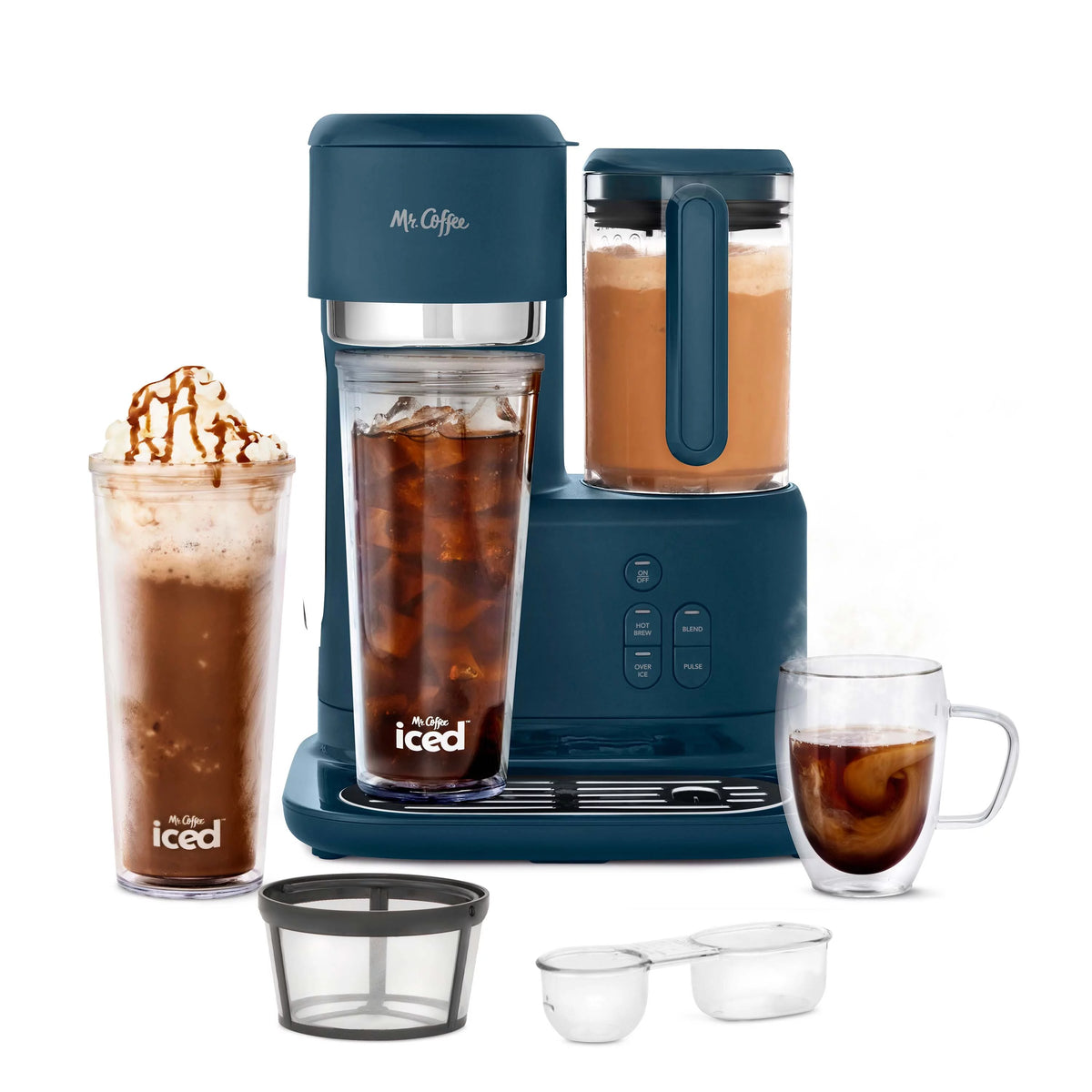 Navy Blue Single Serve Coffee Maker and Blender with Reusable Tumblers and Coffee Filter K2011