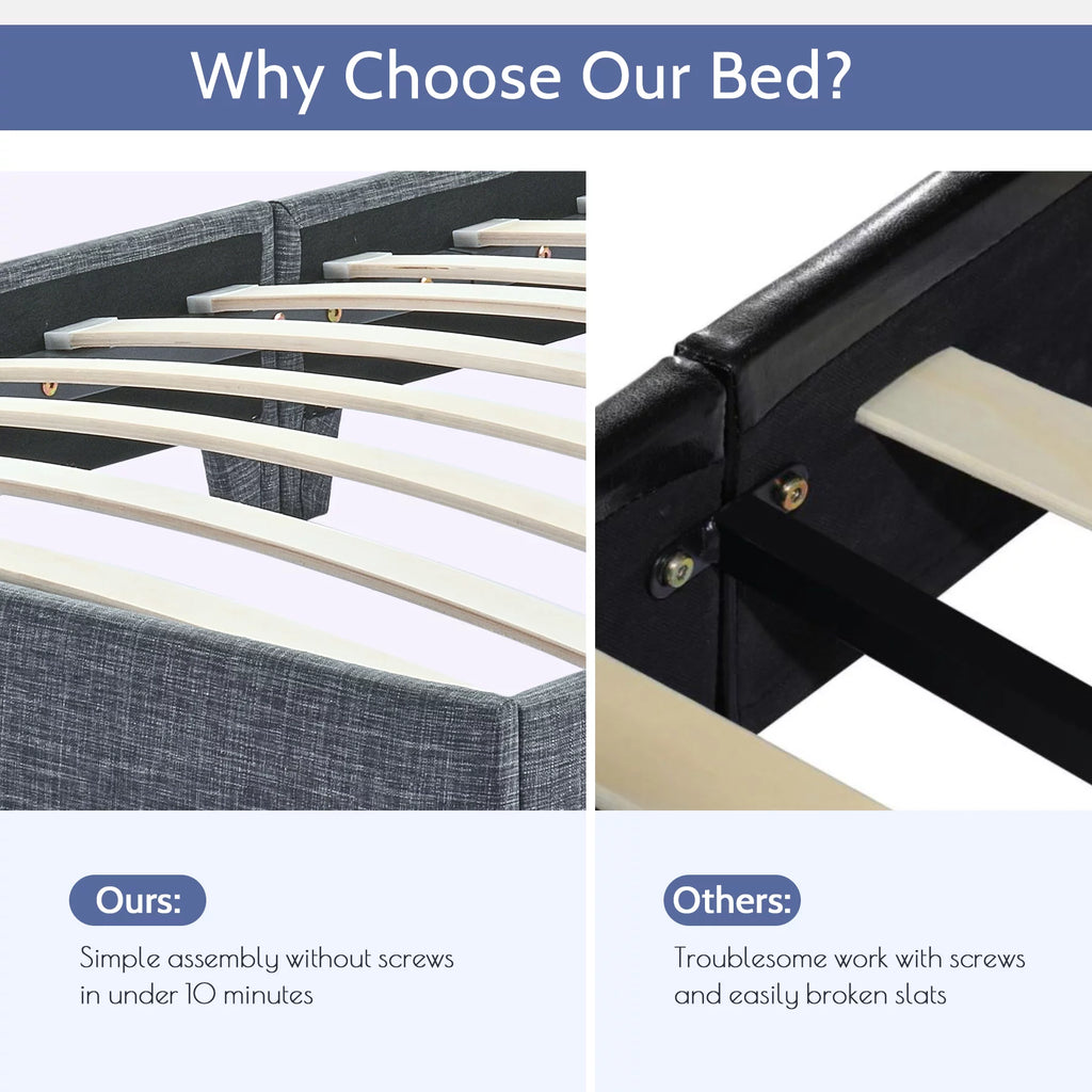 Queen Bed Frame with Headboard, Wood Slats, Gray M10166