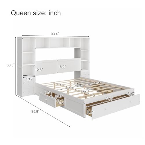White Full Size Wood Platform Bed with Bookcase Headboard and Drawers J841898