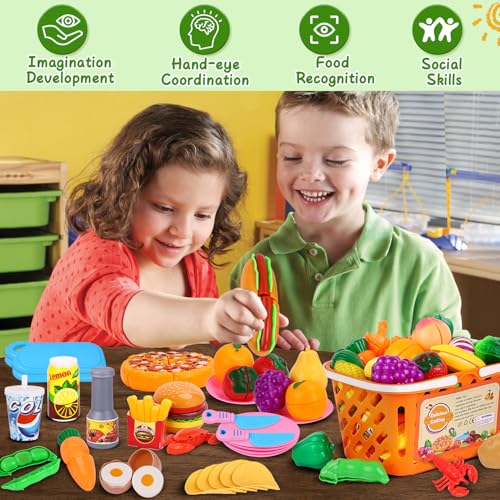 Play Food with Cutting Fruits & Vegetables, Plastic Mini Dishes Shopping Basket and Knife X423485