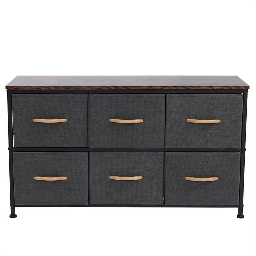 Gray 6 Drawer Fabric Dresser with Wooden Tabletop C5958
